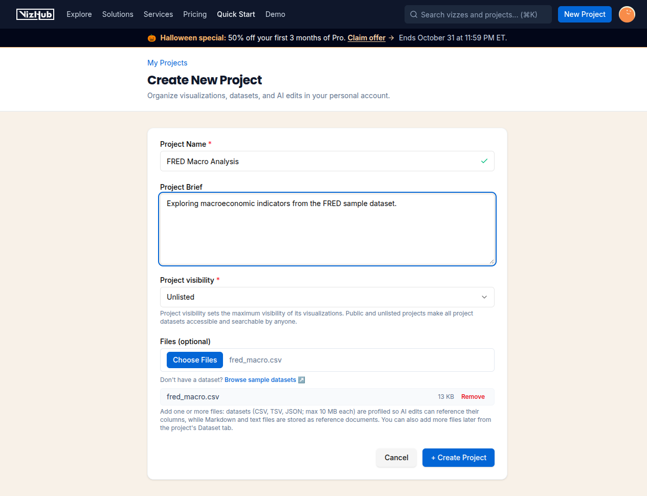 Sample VizHub project setup with an attached FRED macroeconomic dataset
