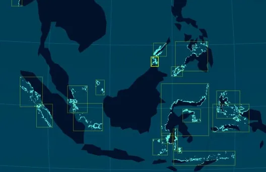 A globe-based visualization of coral reef systems, showing reef locations over a rotating Earth